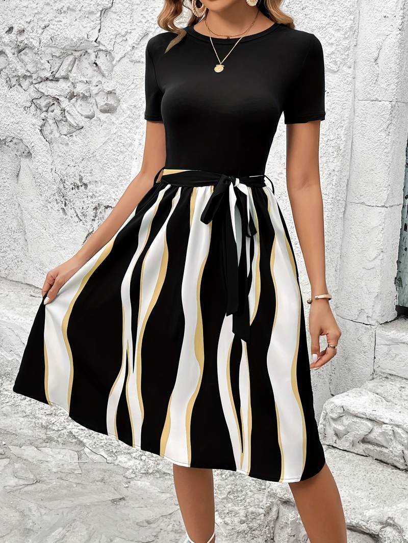 Women's colorblock crew neck sweater with attached belt in contemporary knit office-to-evening style