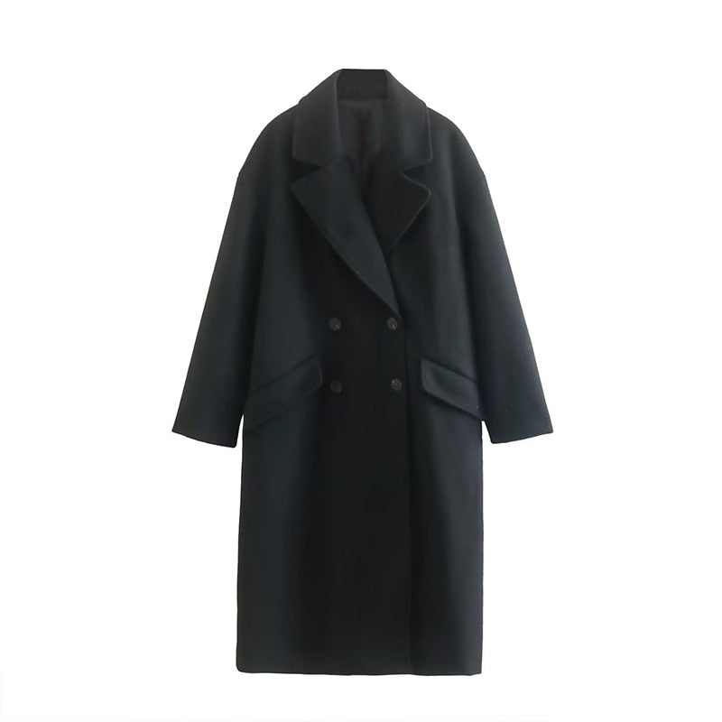 Women's long double-breasted coat straight tailored silhouette minimalist urban chic city professional style