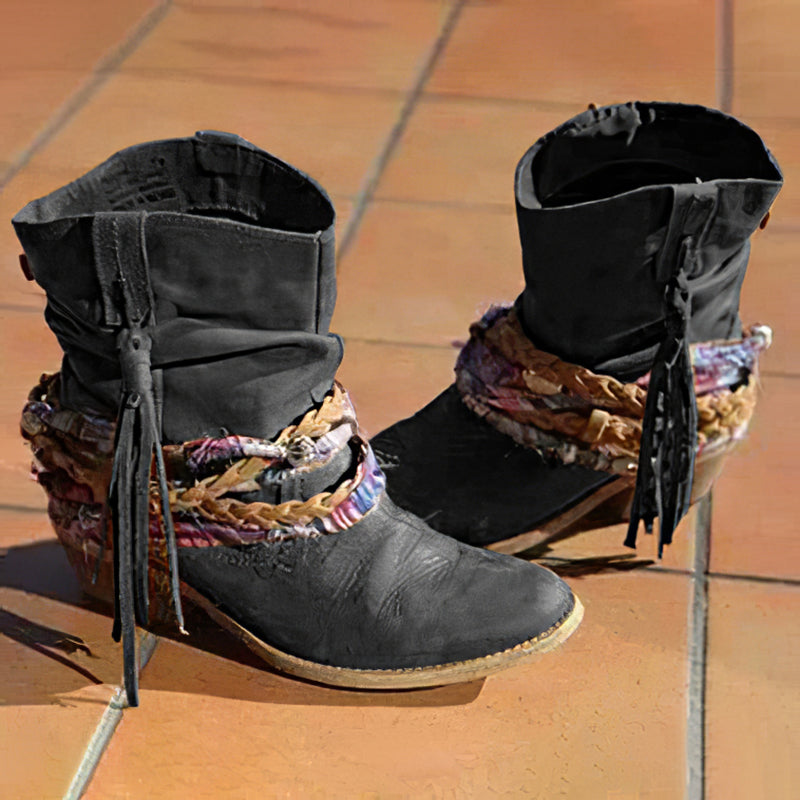 Women's vintage western ankle boots with braided tassels, block heel, and tribal-inspired PU leather upper