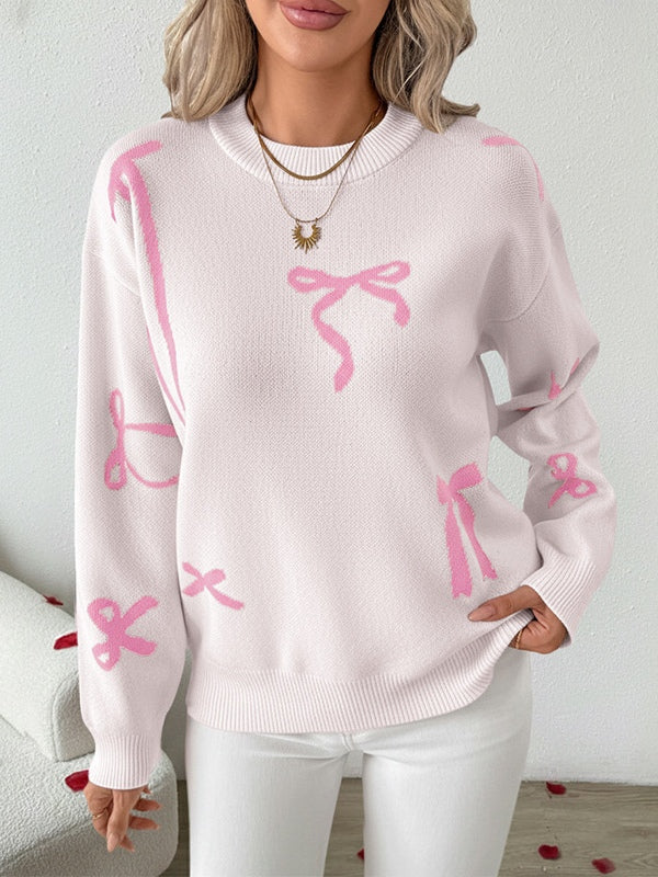 Women's holiday sweater red Santa bows jacquard graphic loose-fit cozy festive pullover
