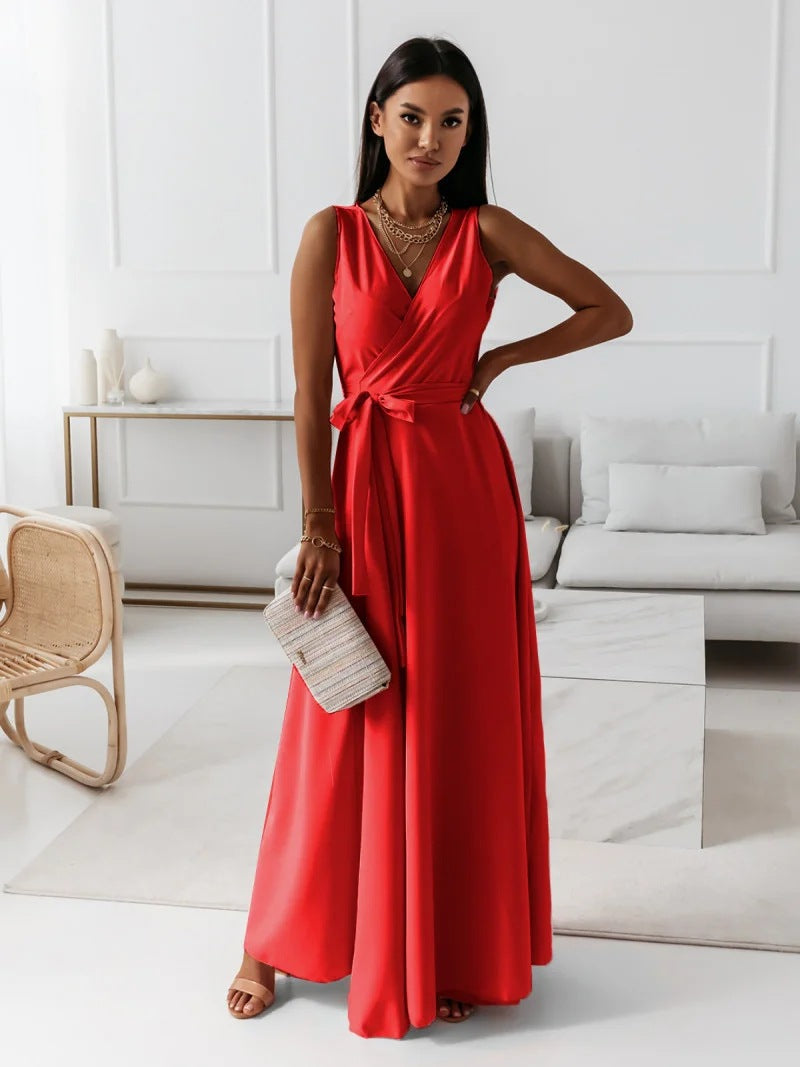 Women's solid long dress with V-neck flowing silhouette in timeless elegant chic style