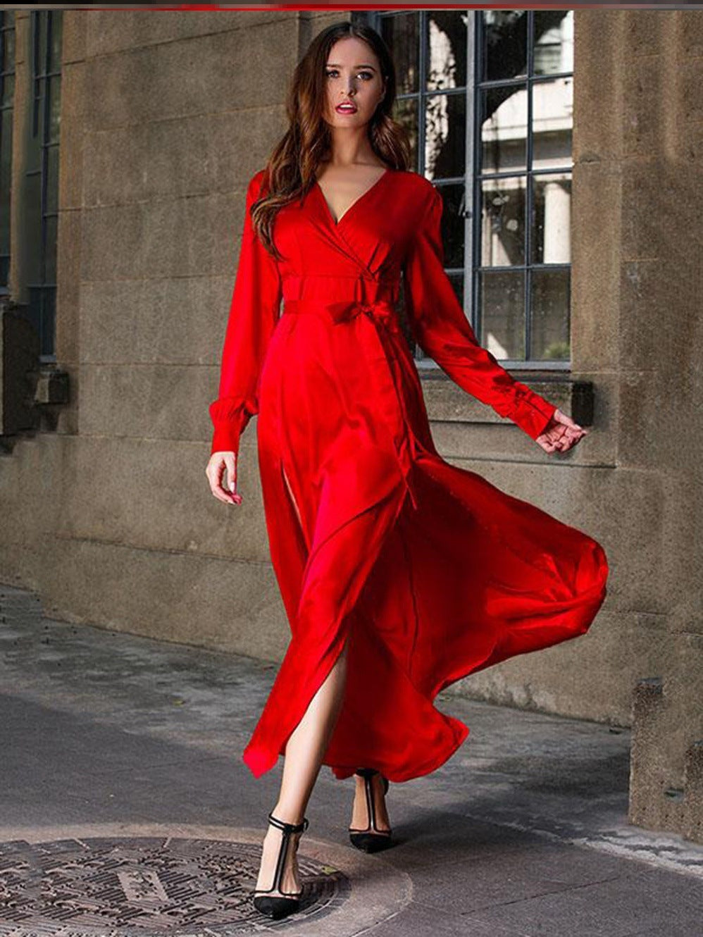 Elegant maxi wrap dress V-neck long sleeves high slit versatile women's evening wear