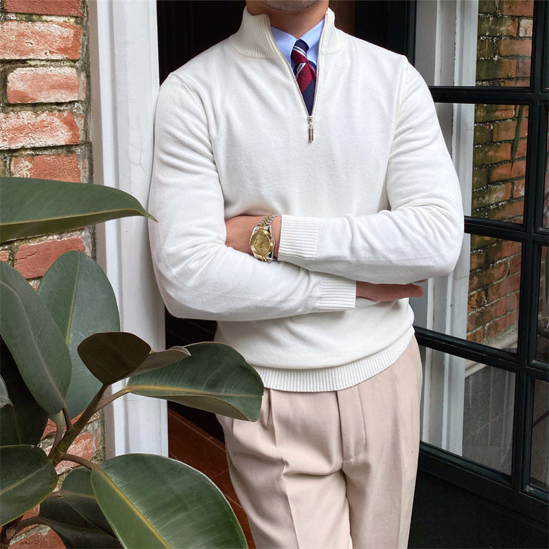 Men's gray cotton mock neck sweater with short zipper, slim modern fit for professional everyday wear