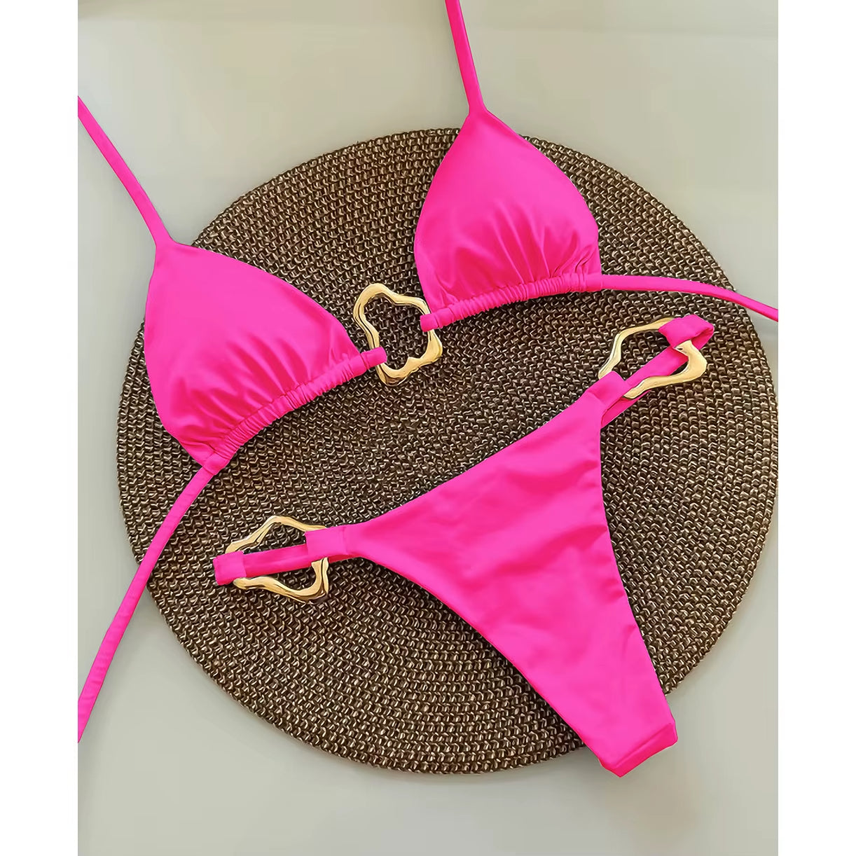Women's triangle bikini set gold ring accents high-cut bottoms adjustable ties body contouring fit