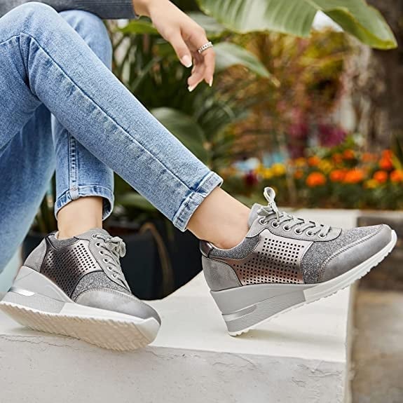 Stella | Women's Hidden Wedge Sneakers Lace Up Glitter Platform