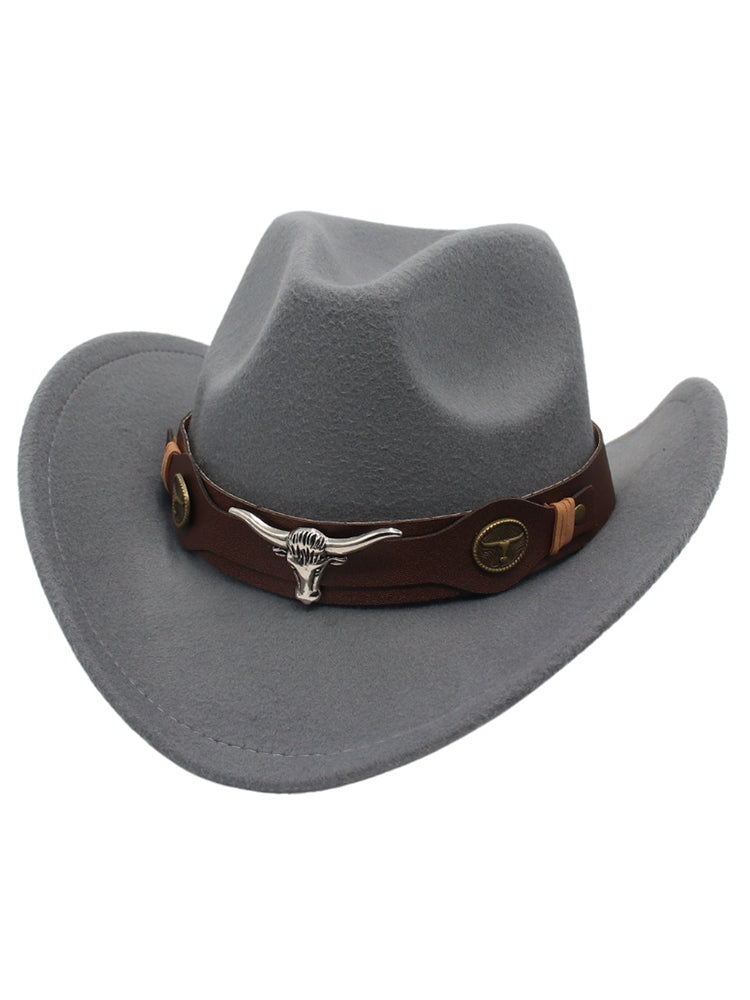 Brown wool felt cowboy hat with bull head decoration, casual Western style for daily wear
