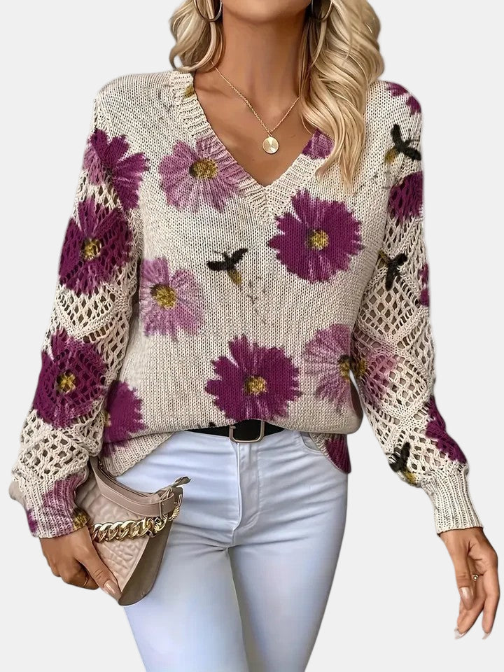 Women's colorful floral knit sweater, V-neck relaxed fit with lightweight airy crochet sleeves