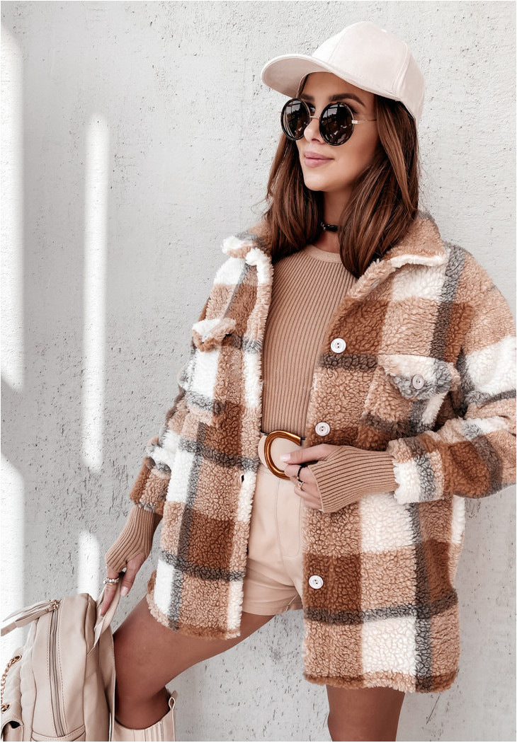 Women's red plaid lumberjack jacket soft-lined winter coat with checkered pattern for outdoor warmth