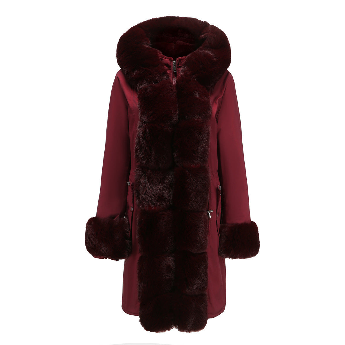 Women's mid-length quilted parka in elegant winter style with detachable faux fur collar