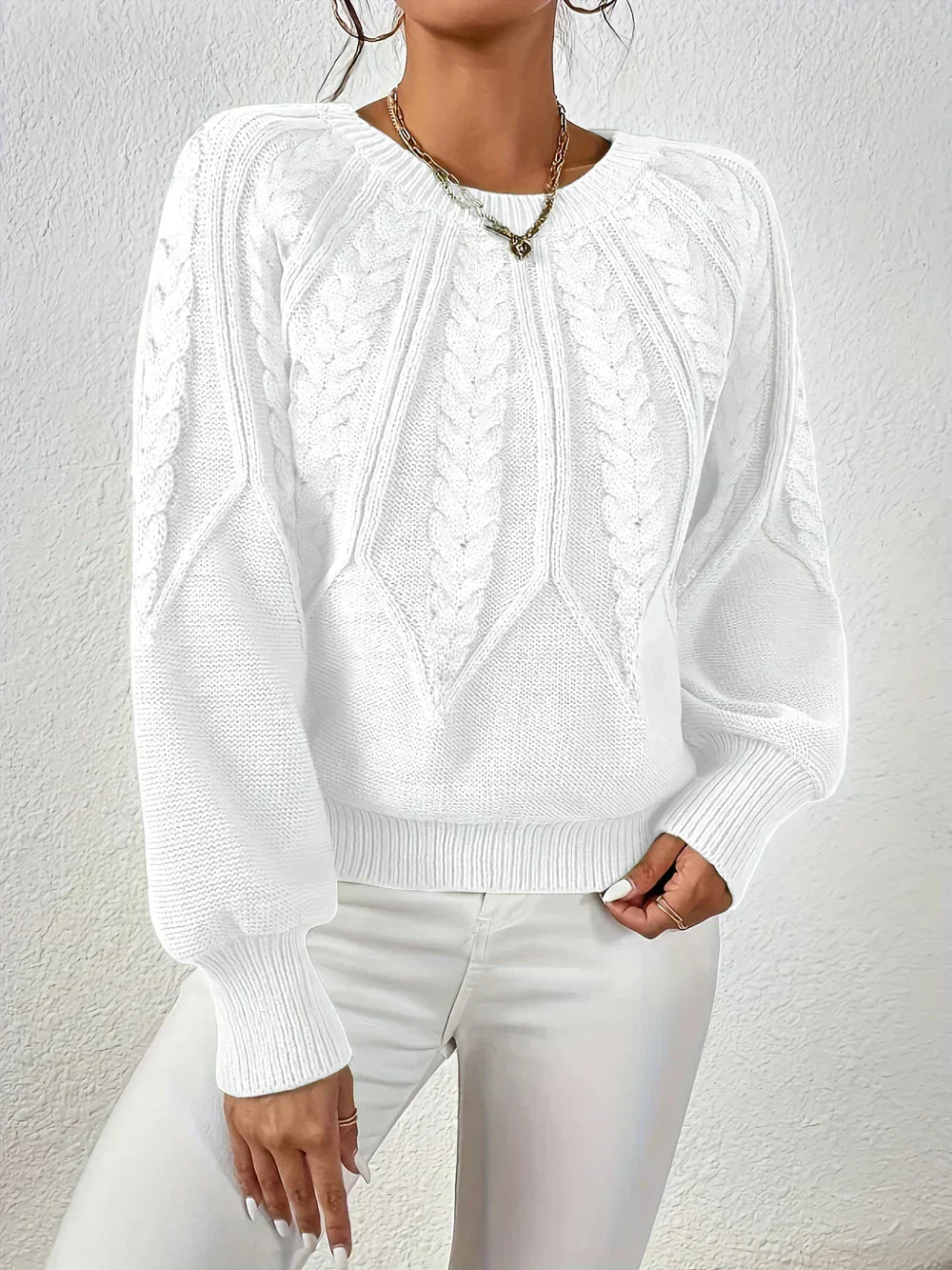 Women's cream cable knit crocheted sweater relaxed fit with textured crochet-inspired pattern