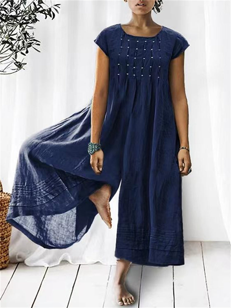 Women's wide leg jumpsuit pintucked pleated cotton casual ankle length one-piece spring summer