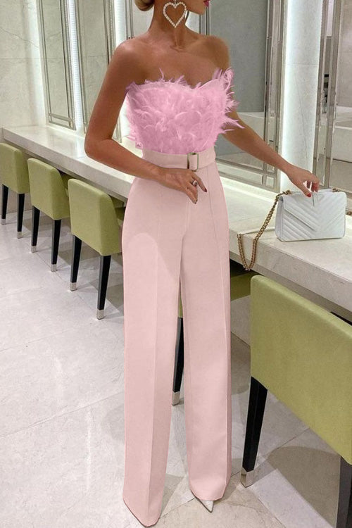 Women's white off-shoulder sleeveless slim jumpsuit lightweight cotton blend feather detail
