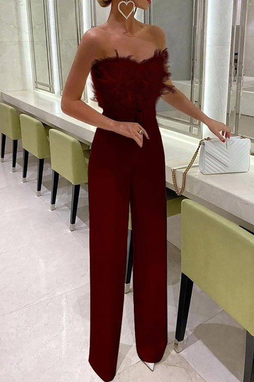 Women's white off-shoulder sleeveless slim jumpsuit in lightweight cotton blend with feather trim detail