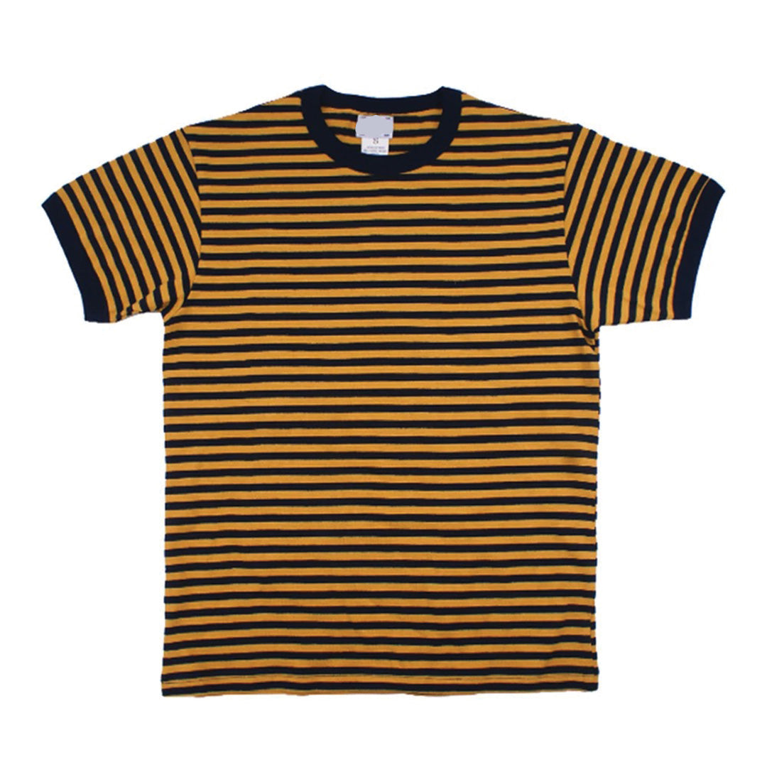 Striped cotton crew neck tee with color-blocked cuffs and contrast ribbing in modern collegiate fit