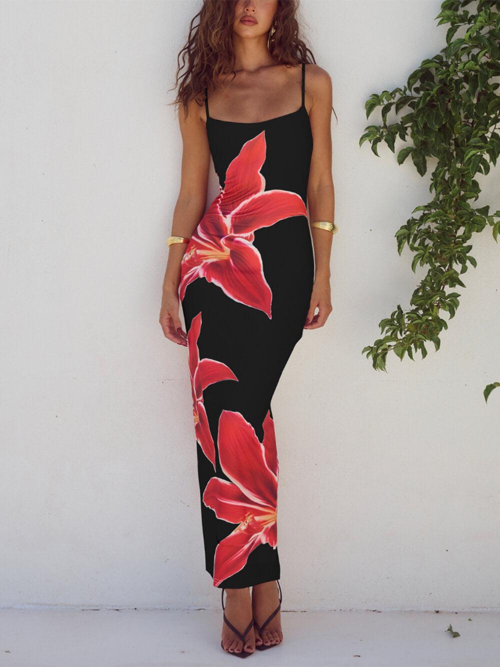 Women's abstract floral print maxi dress, relaxed silhouette, soft breathable polyester, bold pattern