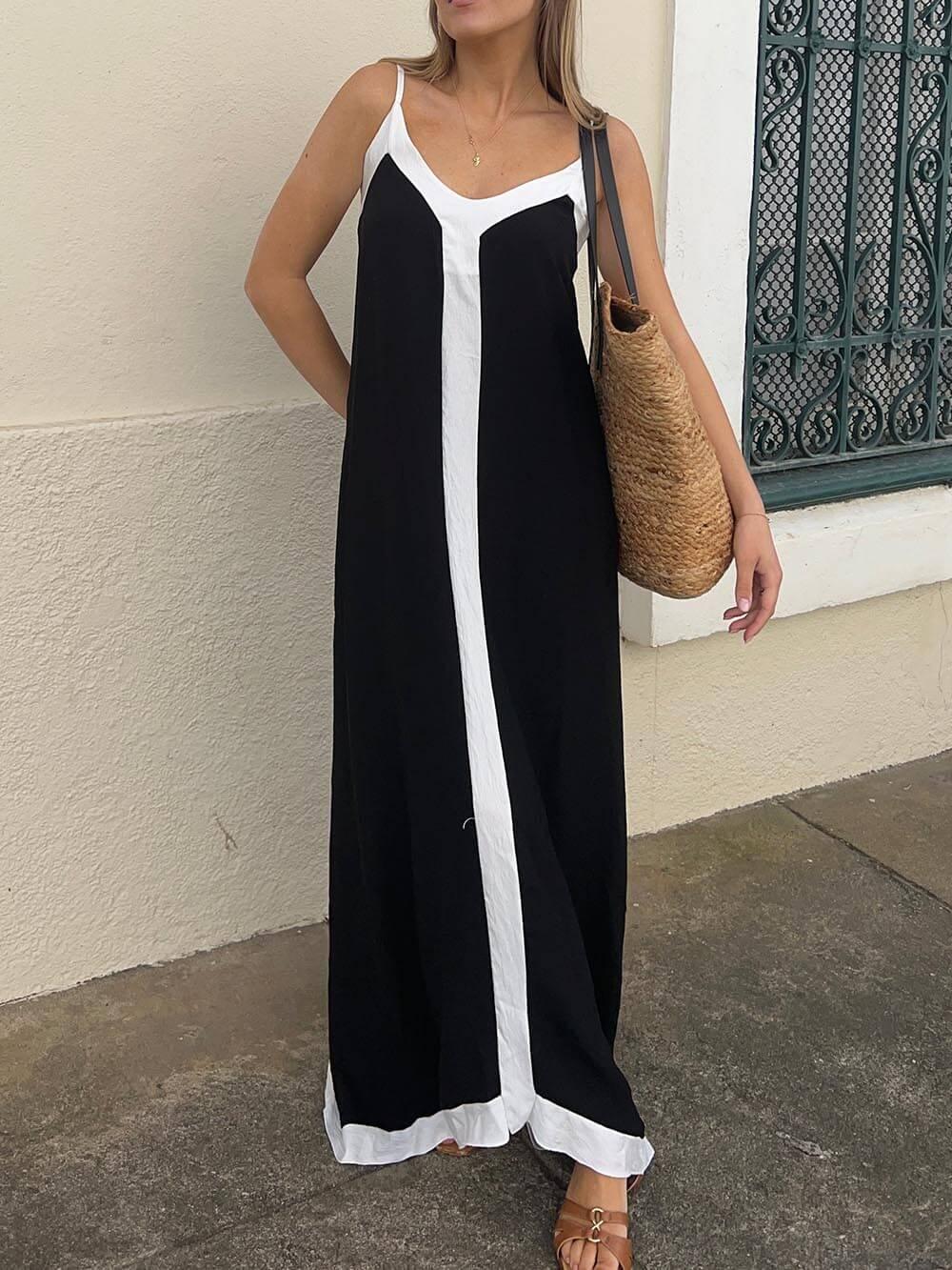 Women's colorblock suspender midi dress bold vibrant hues sleeveless statement silhouette