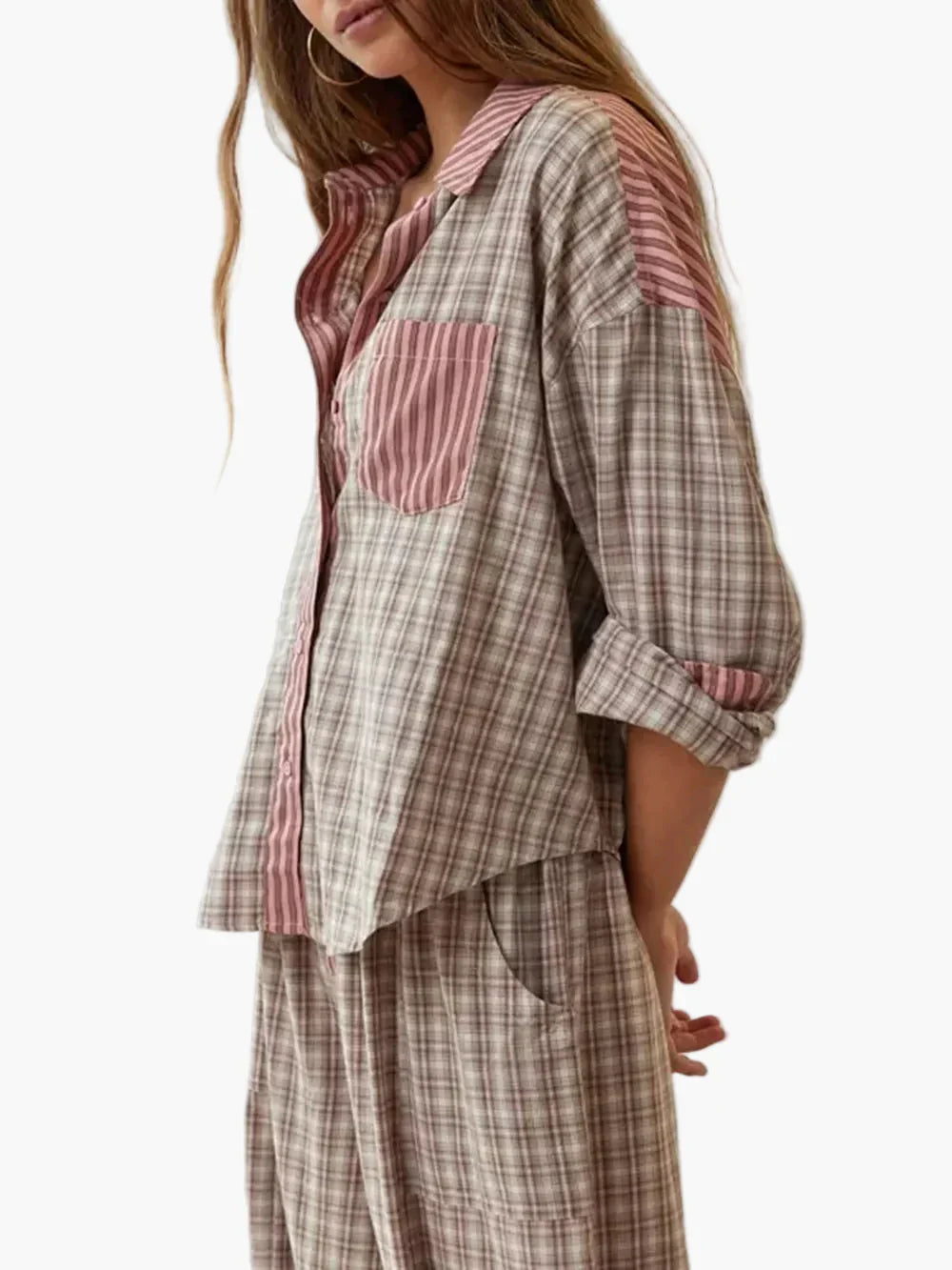 Women's oversized two-piece pajama set in neutral tones, relaxed loose-fit silhouette for cozy luxury loungewear
