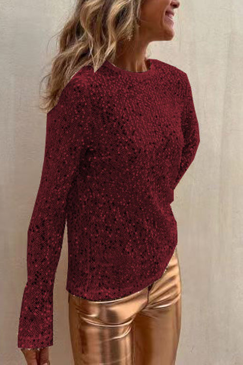 Women's silver sequined mesh long sleeve slim fit round neck top with glamorous cotton blend fabric