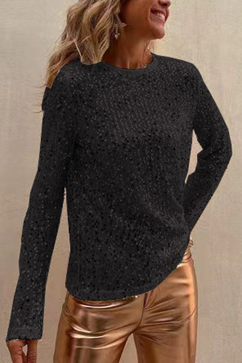 Women's silver sequined mesh long sleeve slim-fit round neck top with lightweight cotton blend fabric
