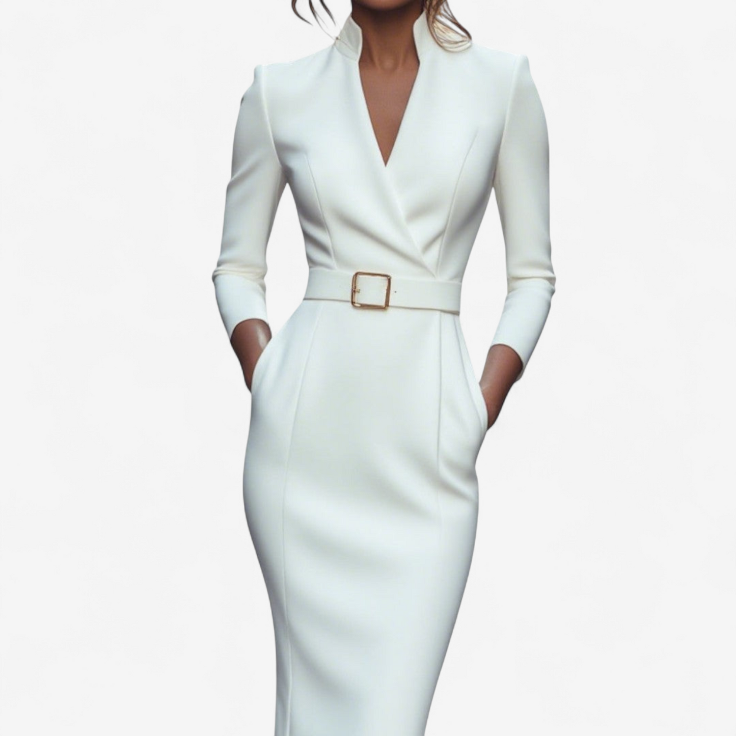 Structured belted evening gown tailored midi silhouette three-quarter sleeves waist cinch elegant fit