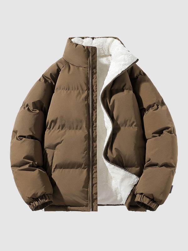 Men's black puffer jacket fleece-lined insulated lightweight down-fill for cold winter warmth
