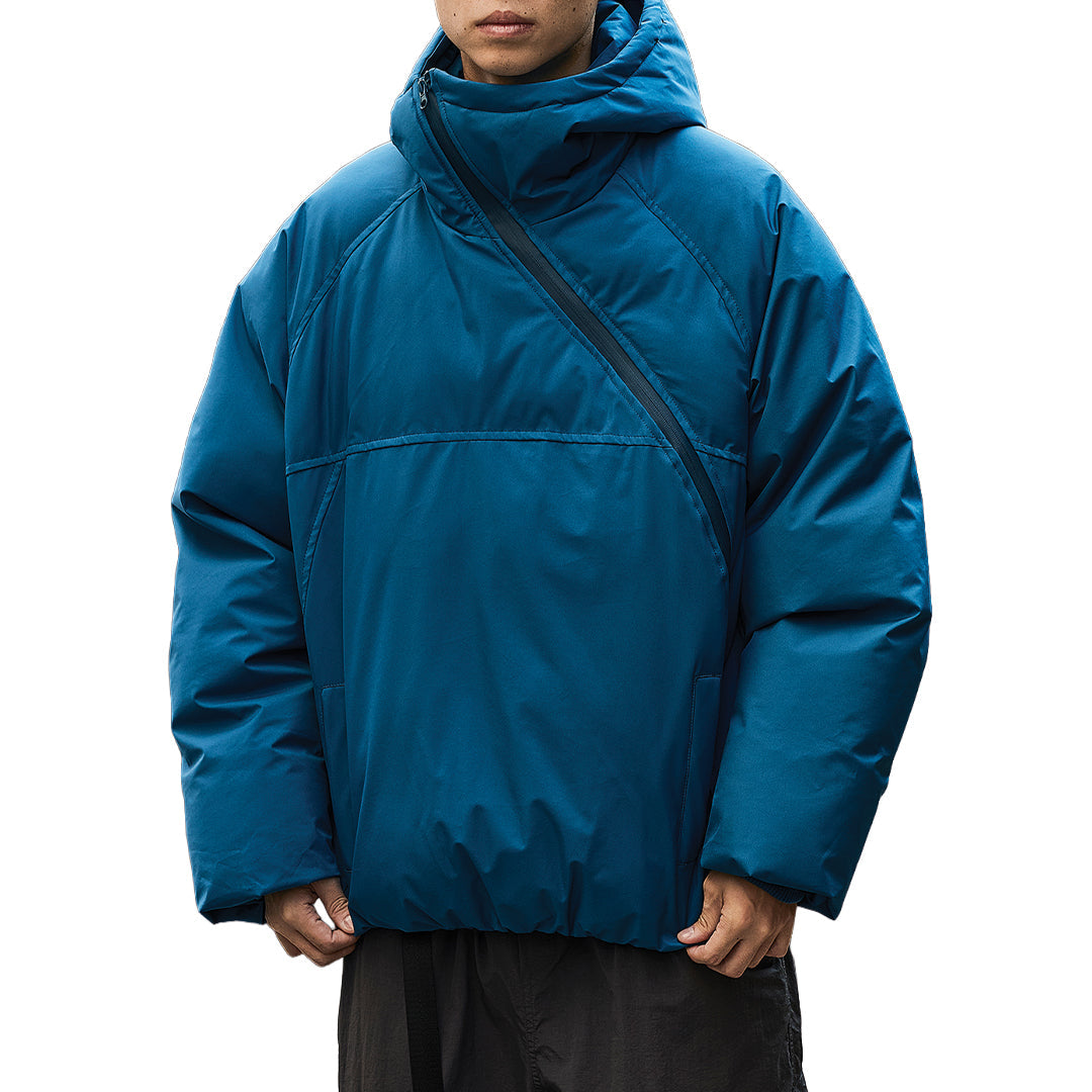 Asymmetric black puffer coat with cotton padding, bold uneven hem silhouette for urban style