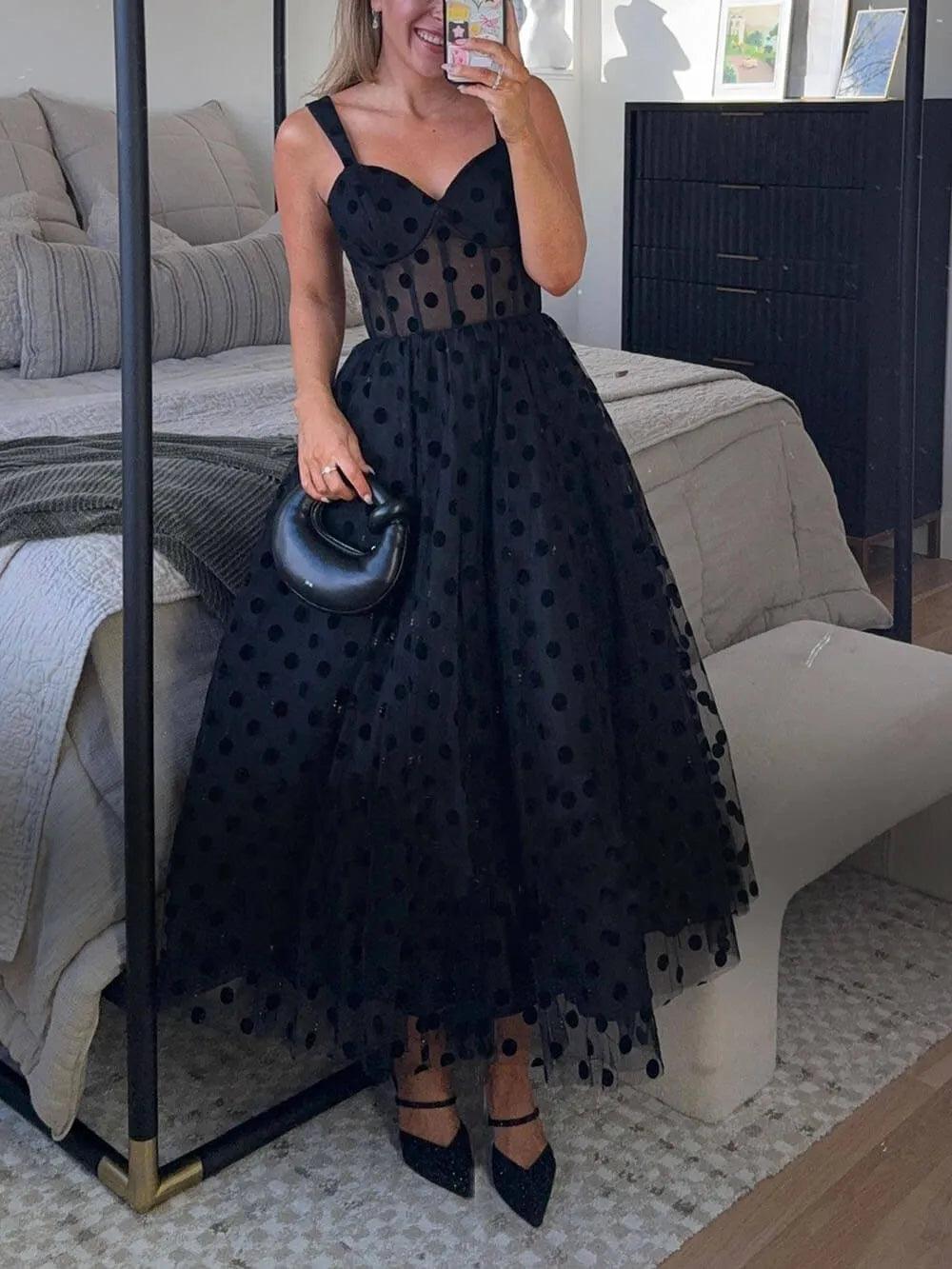 Black polka dot tulle A-line midi dress with square neck bustier silhouette, sleeveless romantic style