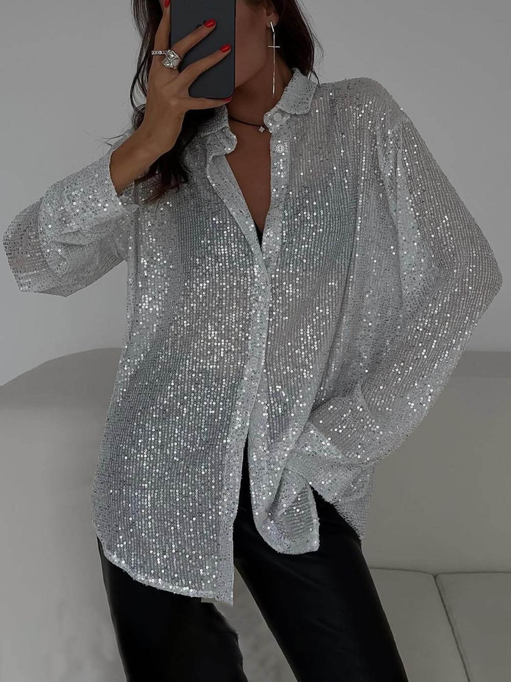 Women's loose fit sequined collared long sleeve shirt, soft breathable fabric with subtle sparkle