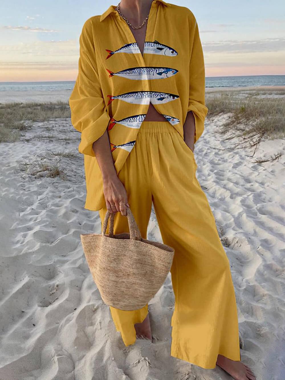 Women's ocean print relaxed oversized shirt and elastic waist pants matching set