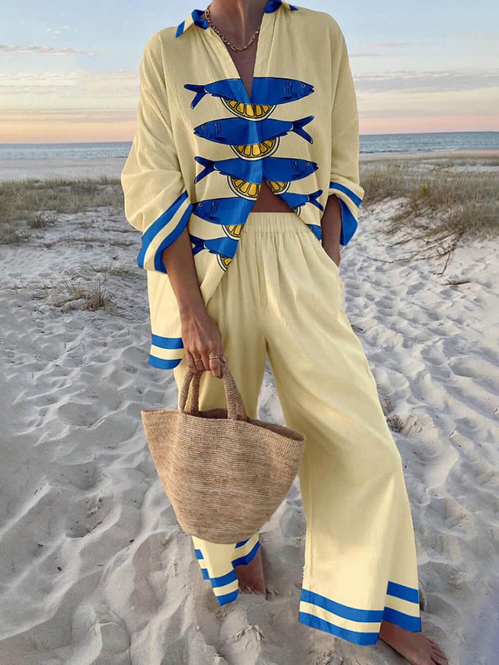 Women's ocean print oversized shirt and elastic waist pants set, relaxed two-piece casual co-ord