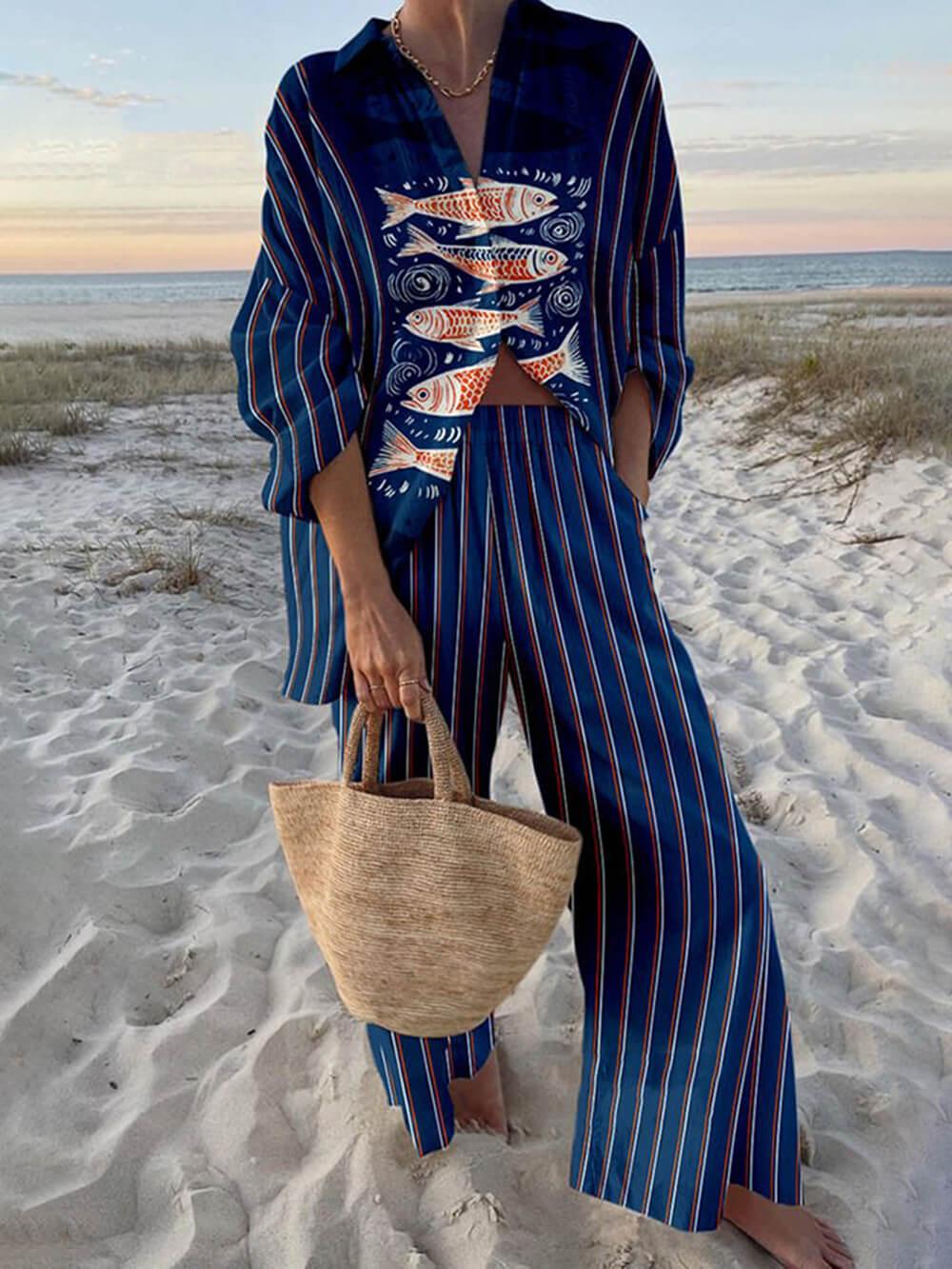 Women's ocean print oversized shirt and elastic waist pants set, relaxed casual two-piece co-ord
