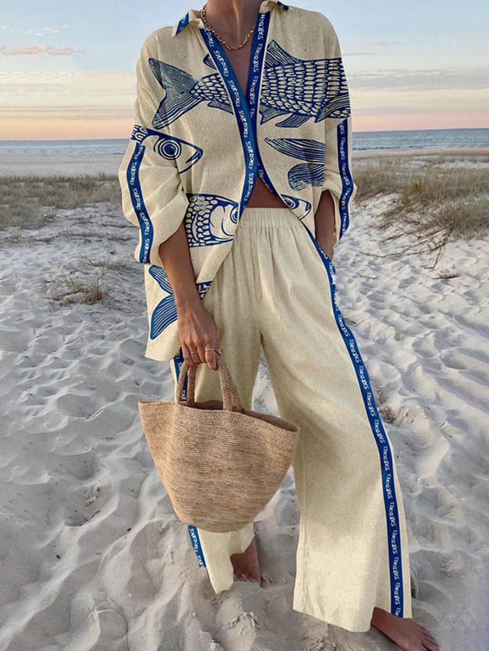 Women's ocean print relaxed oversized shirt and elastic waist pants matching set