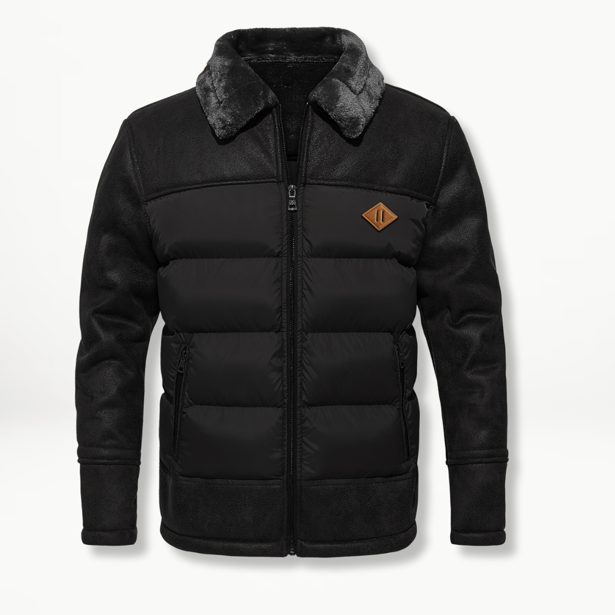 Men's black quilted hybrid puffer jacket with furry collar and zipper front for everyday wear