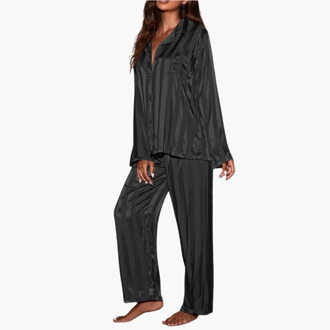 Women's satin pajama set, striped button-front top with elastic waistband, silky sleepwear
