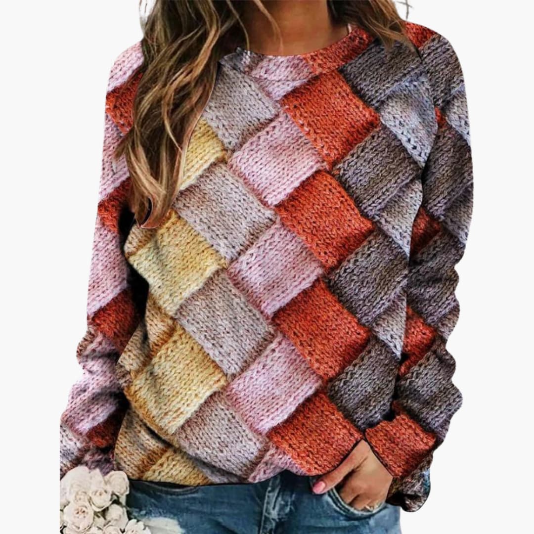Women's colorful patchwork knit sweater, round neckline, regular fit with vibrant textured pattern