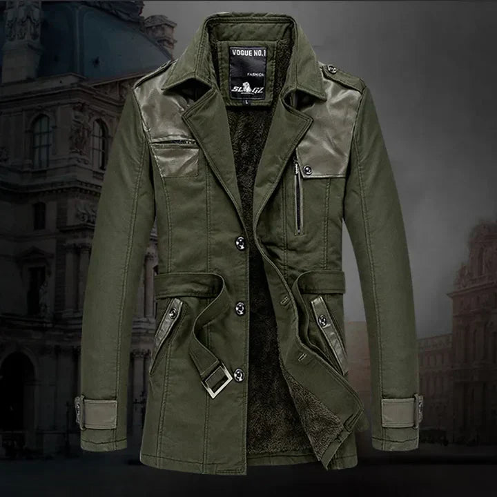 Men's insulated long trench coat elegant full-length silhouette for formal and casual wear