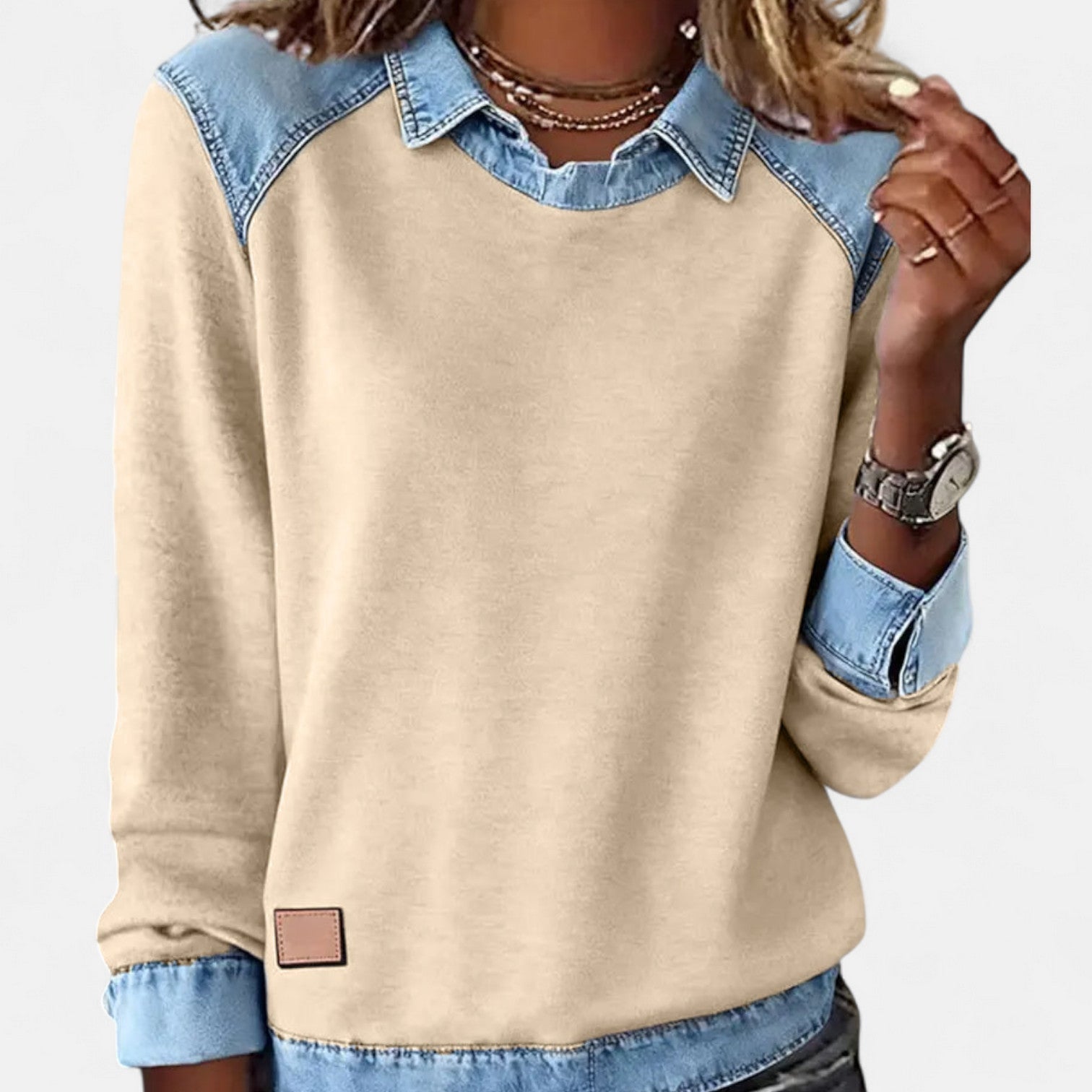 Women's gray pullover sweatshirt with faux layered denim collar and cuffs casual style