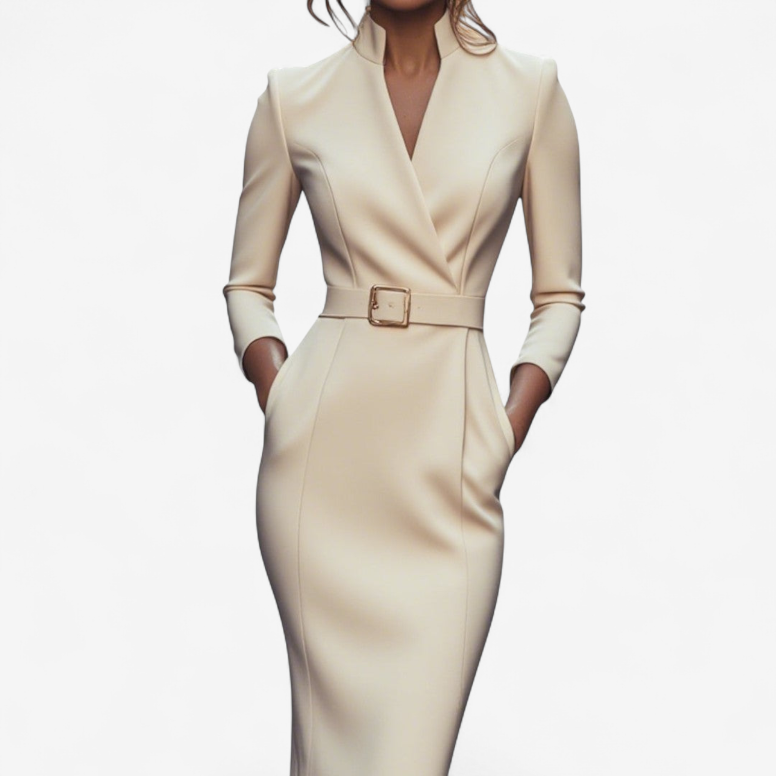 Women's structured belted evening gown tailored midi silhouette with three-quarter sleeves and waist cinch
