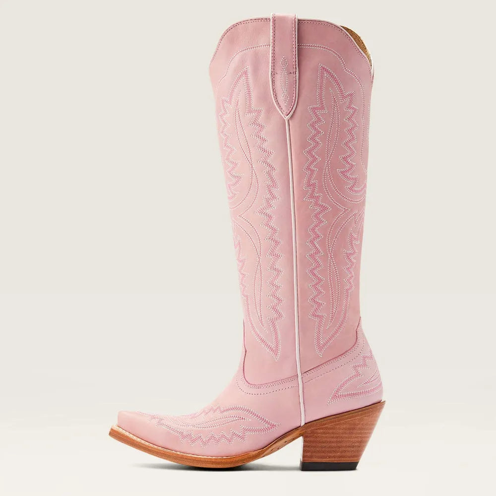 Women's western cowboy boots tan leather pointed toe mid heel with decorative embroidery pull tabs