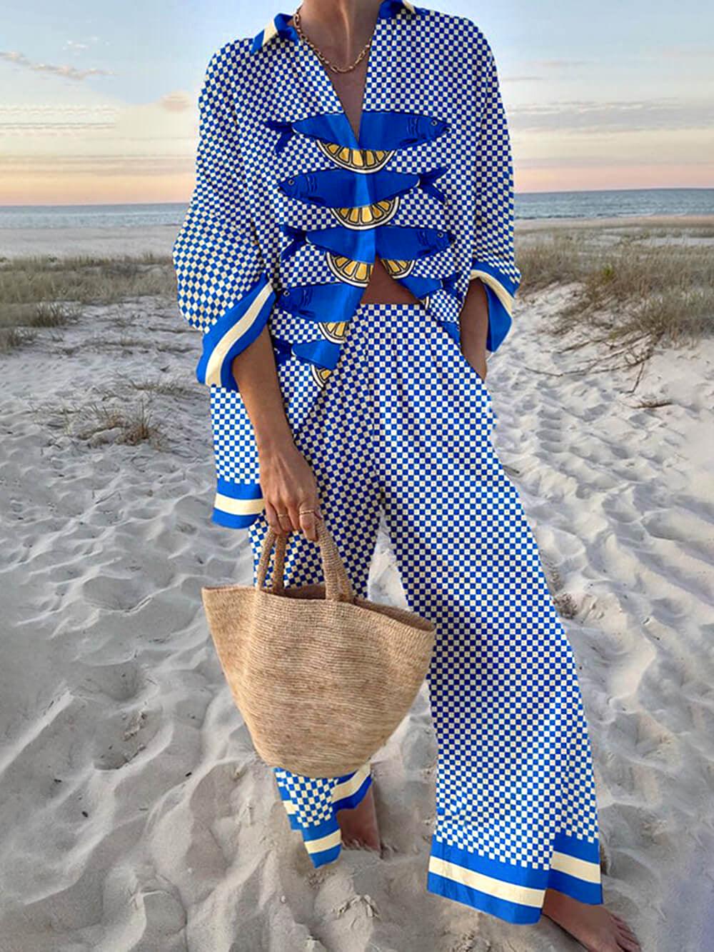 Women's ocean print oversized shirt and elastic waist pants set, relaxed two-piece coord