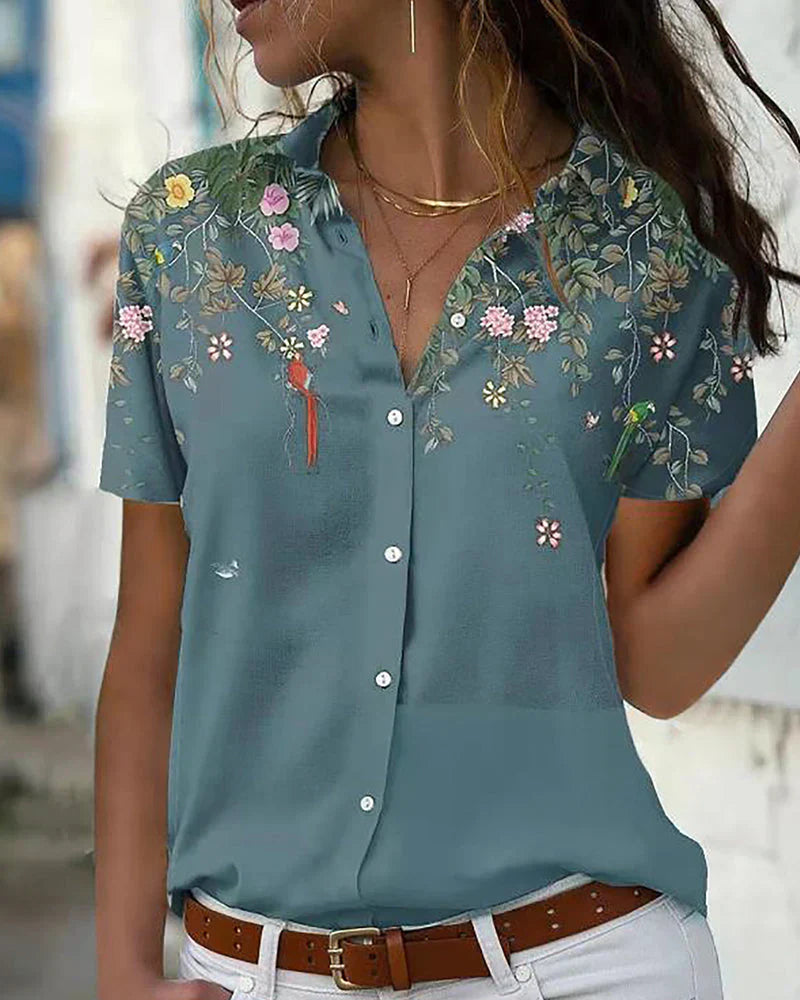 Women's floral print blouse with classic collar, elegant feminine design for casual to semi-formal wear