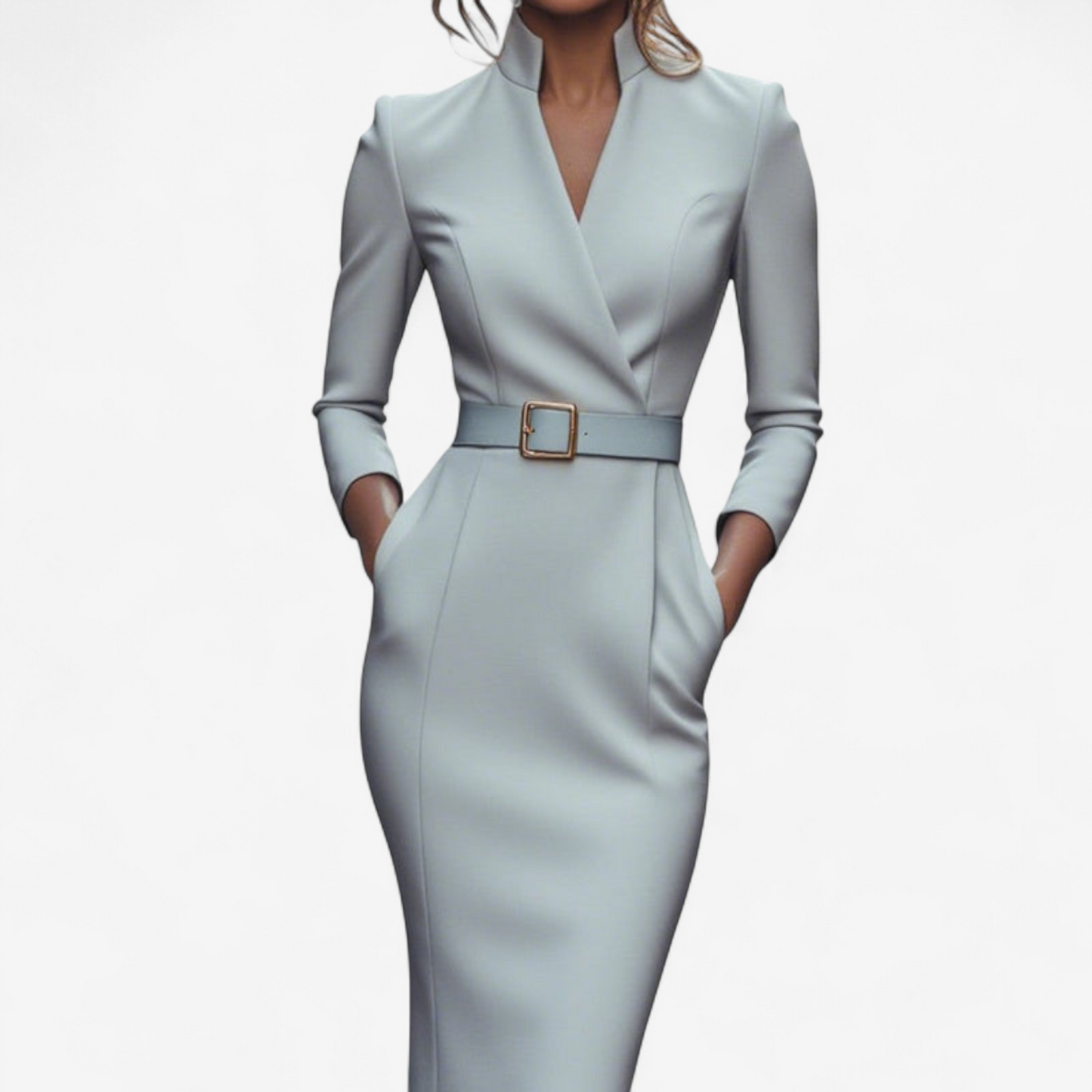 Structured belted evening gown tailored silhouette three-quarter sleeves midi skirt waist cinch