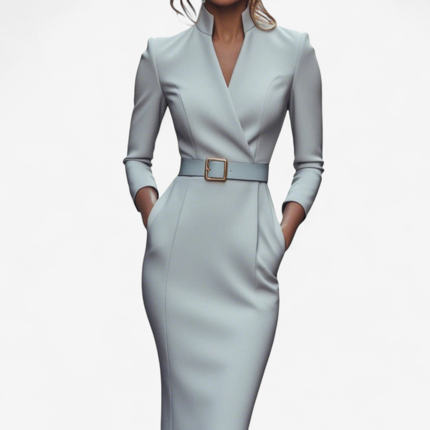 Structured belted evening gown tailored silhouette three-quarter sleeves midi skirt waist cinch