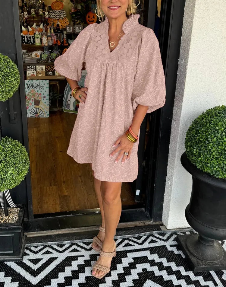 Faye | Women's Puff Sleeve Mini Dress V-Neck Smock Babydoll