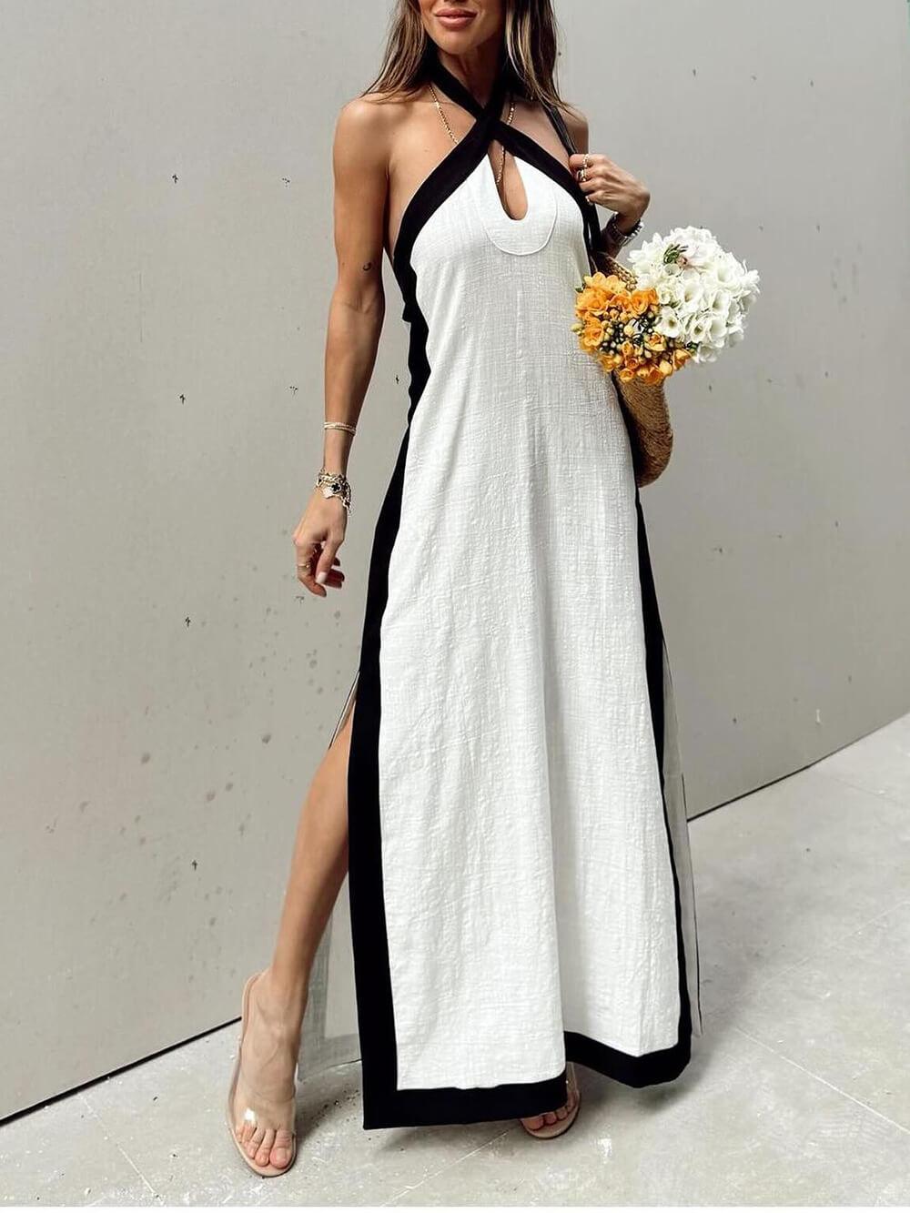 Tri-color block halter neck maxi dress with dramatic side slit for elegant evenings