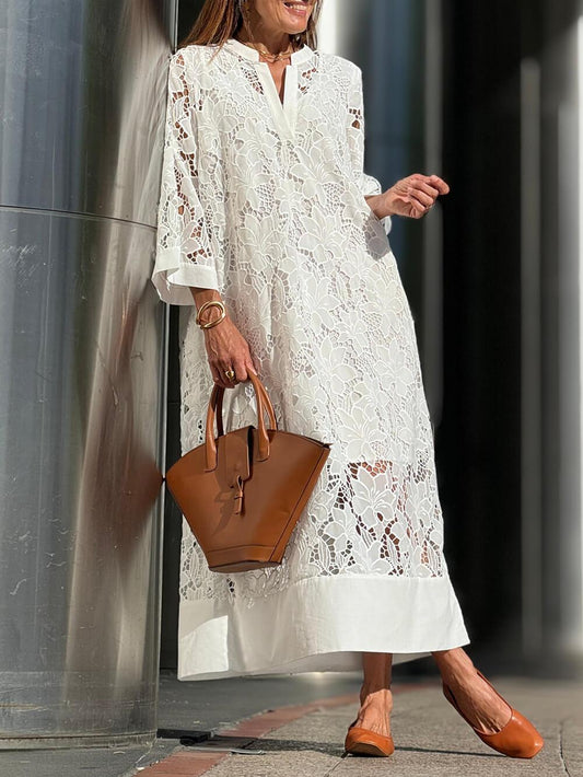 Flower Lace V-Neck Bell Sleeve Loose Midi Dress - Urbann-Vibe