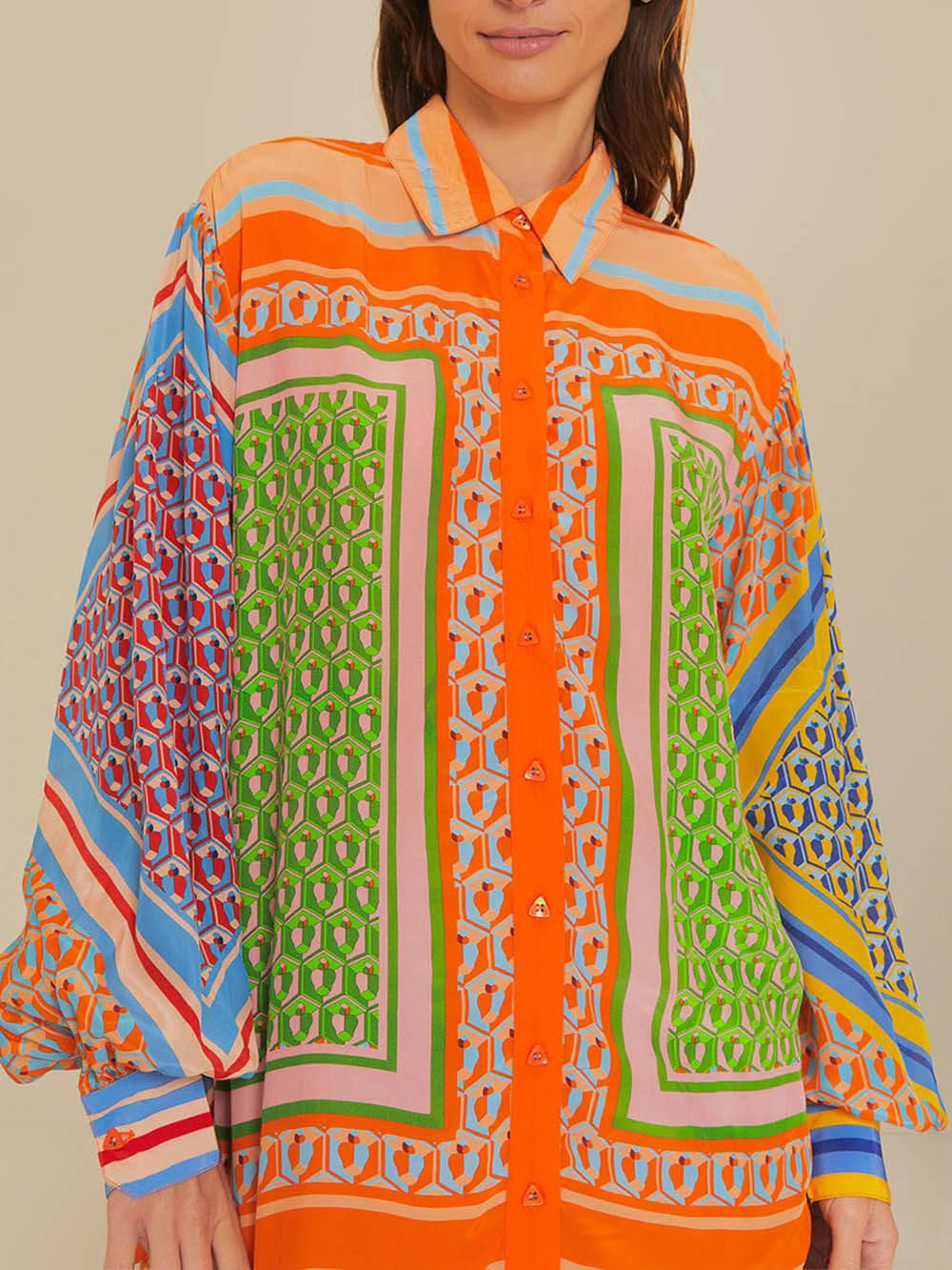 Women's colorful print balloon sleeve button-down loose shirt with vibrant all-over pattern