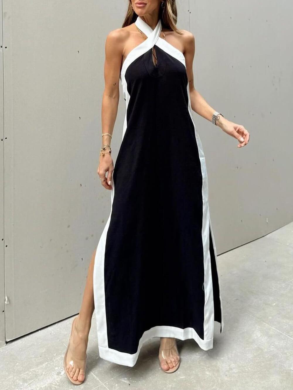 Tri-color block halter neck maxi dress with dramatic side slit for elegant evenings