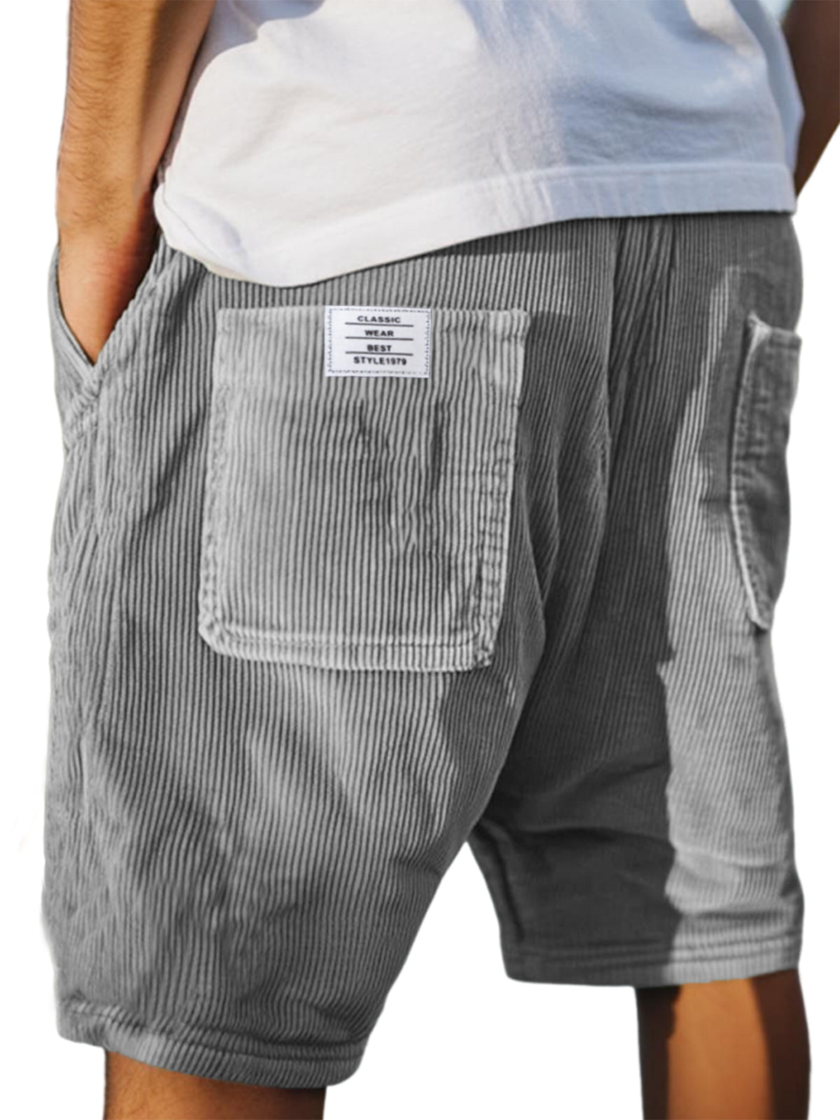 Men's gray jersey shorts drawstring waistband casual relaxed fit textured everyday loungewear