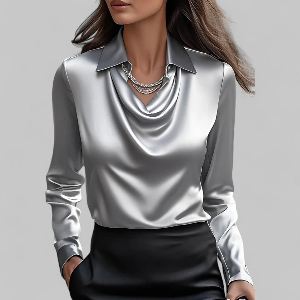 Women's ivory satin blouse with draped fluid silhouette, structured collar, polished everyday elegance